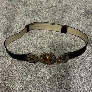 Chico’s Brown Genuine Leather Gold Finish Hook Buckle Belt Sz ML Faux Tiger Eye